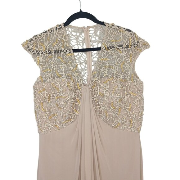 Tadashi Shoji Evening Gown Gold Beaded Lace Cap Sleeves Pleated Front Sz 14 - Picture 4 of 12